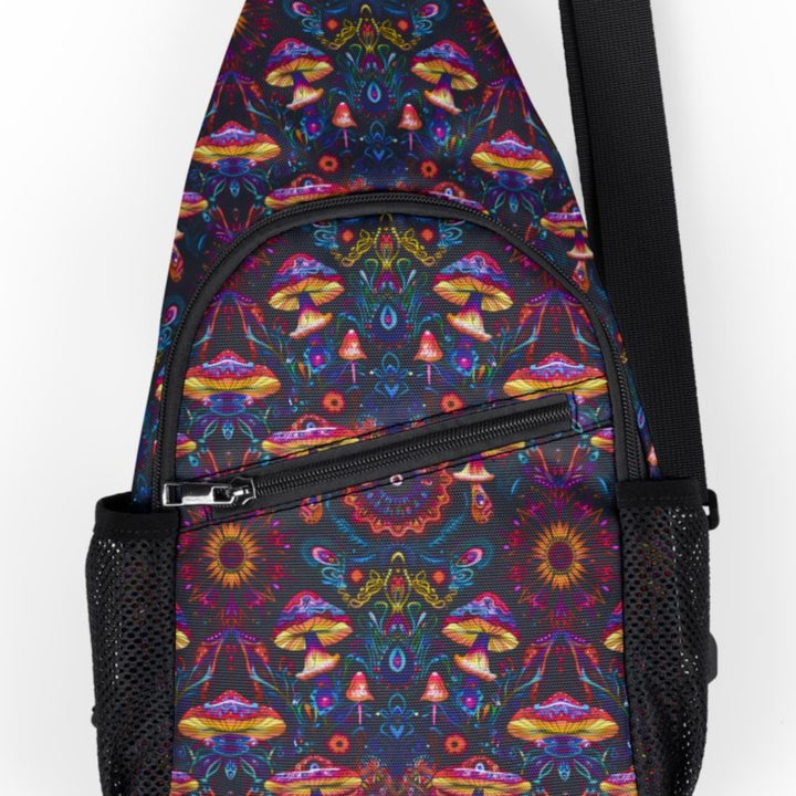 Close-up of PSYMUSH print – intricate mushrooms and sacred geometry details in psychedelic style
