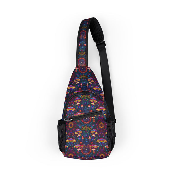 Front view of PSYMUSH psychedelic sling bag with vibrant mushroom and sacred geometry design