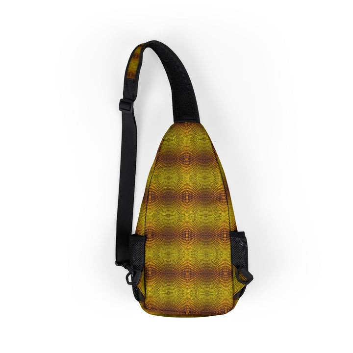 Back view of Sunflora sling bag featuring yellow and gold trippy geometry in psychedelic style