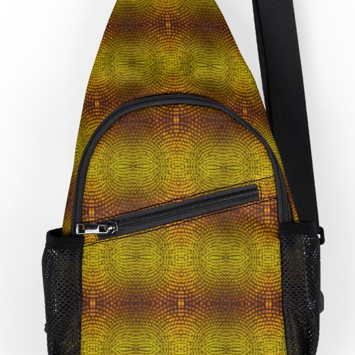 Close-up of Sunflora sling bag print – sunflower mandala with visionary sacred geometry details