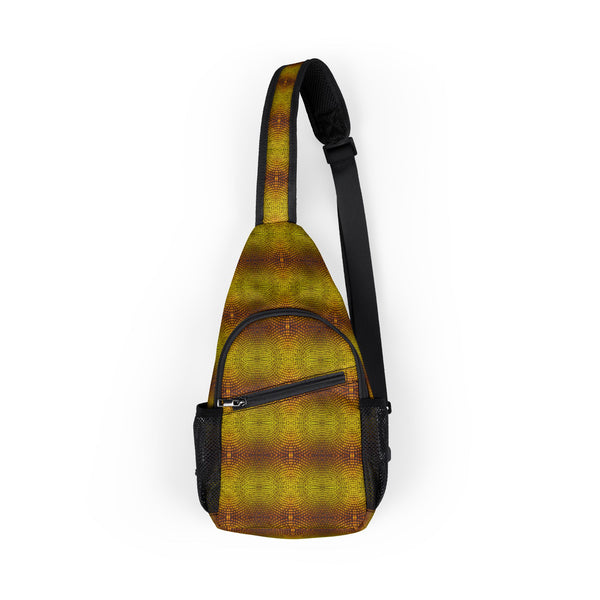 Front view of Sunflora psychedelic sling bag with radiant sacred geometry and sunflower-inspired pattern