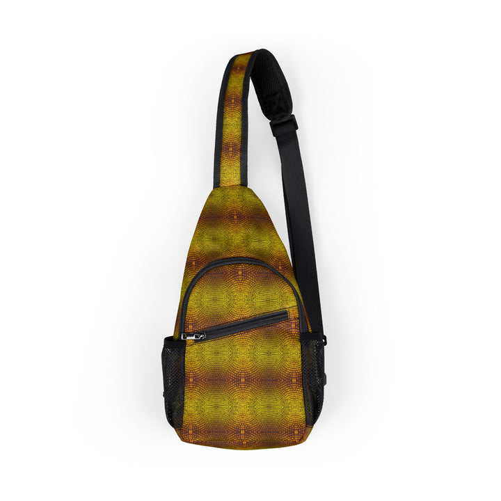 Front view of Sunflora psychedelic sling bag with radiant sacred geometry and sunflower-inspired pattern