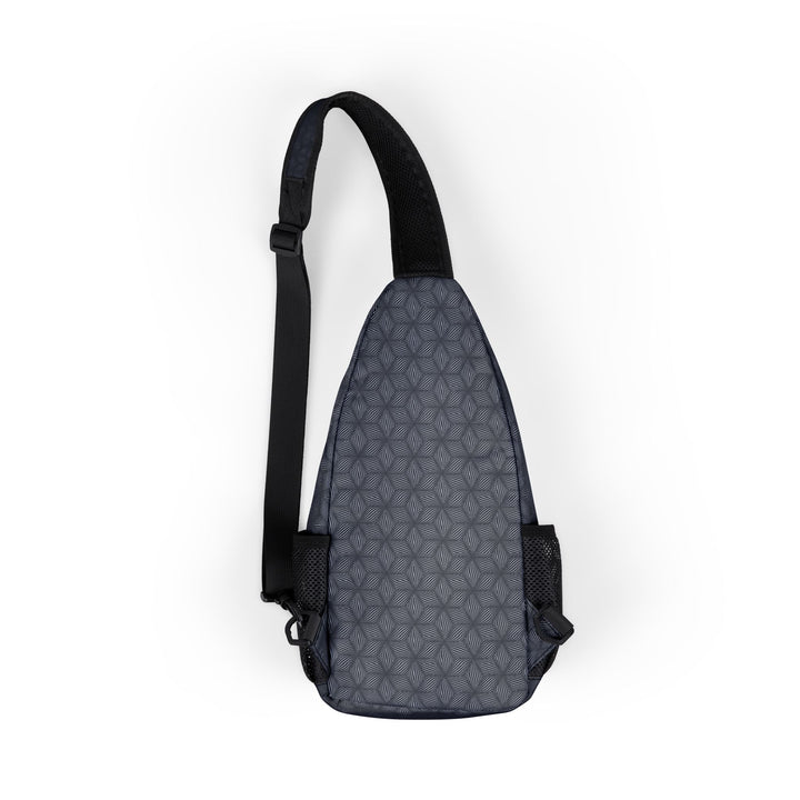 Back of Warpwave sling bag featuring trippy wavy lines and visionary sacred geometry design