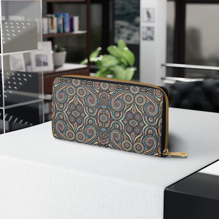 Side angle of DotSwirl women’s wallet – trippy geometric print for rave fashion
