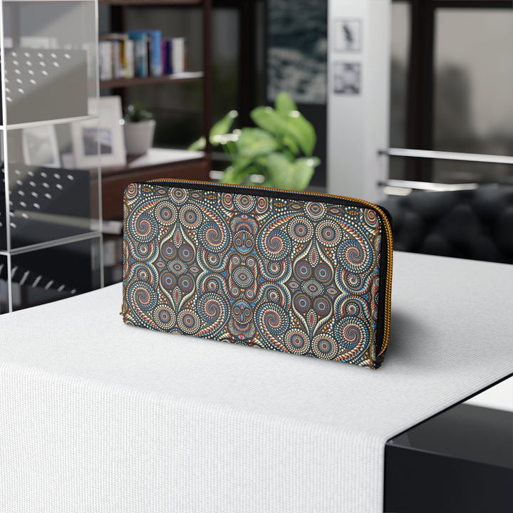 Front display of DotSwirl wallet – sacred psychedelic pattern with bold colors