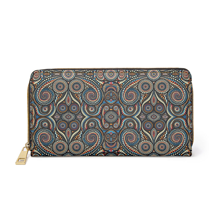 Flat-lay front view of DotSwirl psychedelic wallet – sacred dot geometry in vivid HD