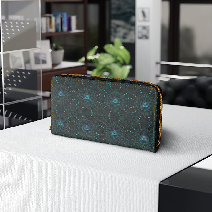 Front display of GeoLotus wallet – vibrant sacred lotus print for festivals and raves