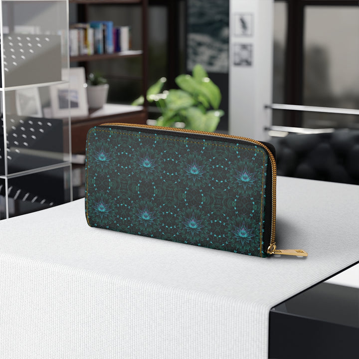 GeoLotus wallet side angle – trippy geometric lotus art for psychedelic fashion