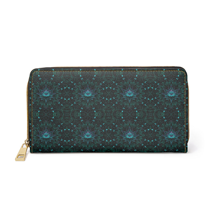 Flat-lay front of GeoLotus wallet – sacred geometry lotus design in vivid HD print
