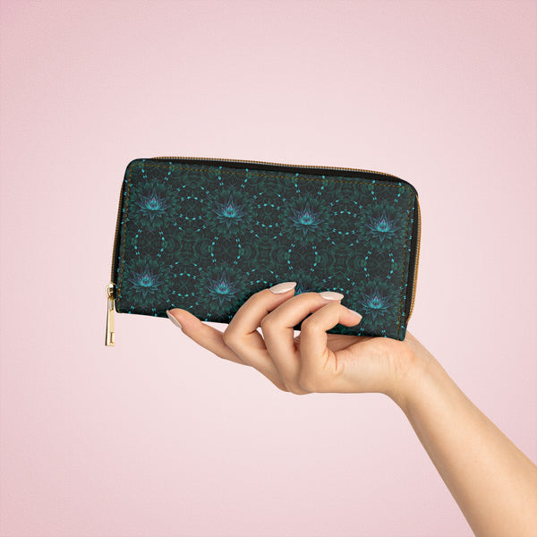 Psychedelic women’s wallet with geometric lotus design – GeoLotus front view in hand