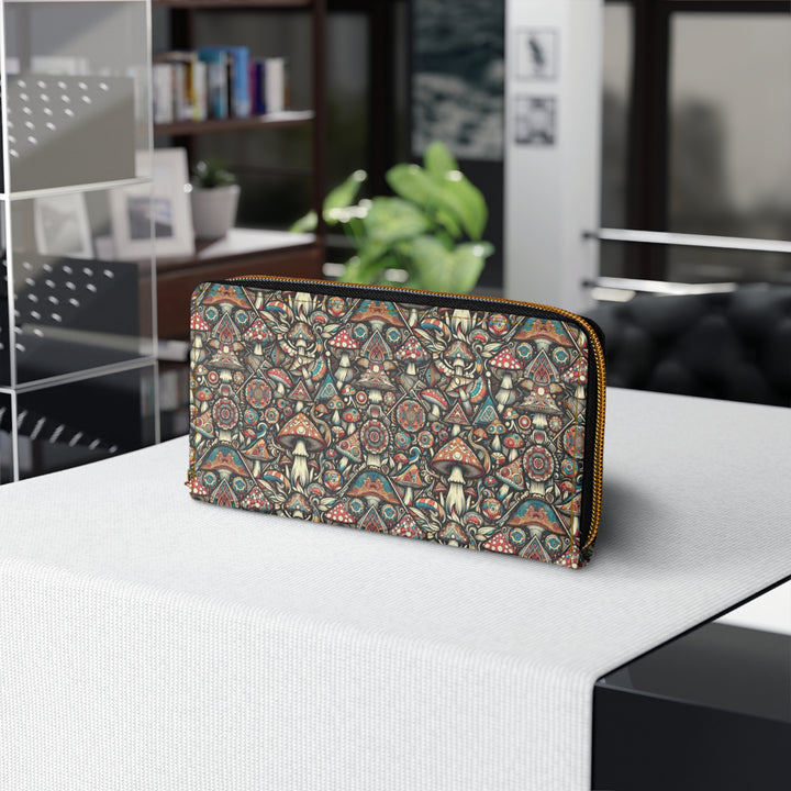 Front display of GEOMUSH wallet – psychedelic mushroom sacred geometry design in vivid colors
