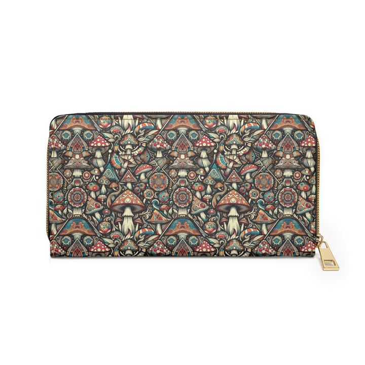 Back view of GEOMUSH women’s wallet – psychedelic sacred mushroom and geometry art with gold-thread detailing