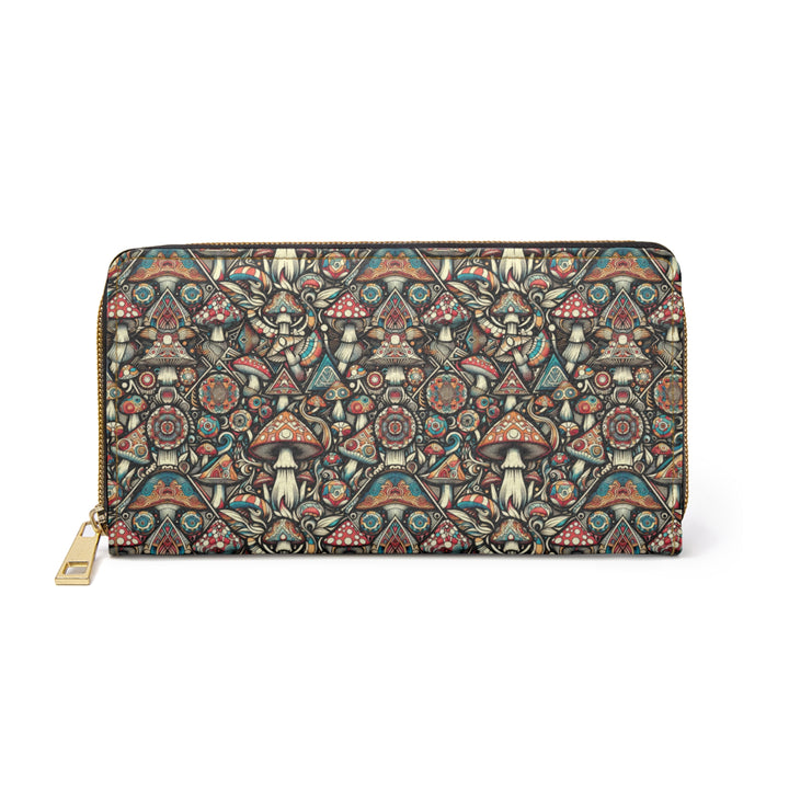 Flat-lay front of GEOMUSH psychedelic wallet – crisp sacred mushroom geometry pattern in vibrant hues