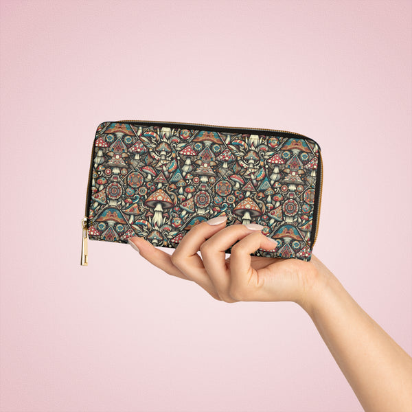 GEOMUSH psychedelic women’s wallet – sacred mushroom geometry front view held in hand