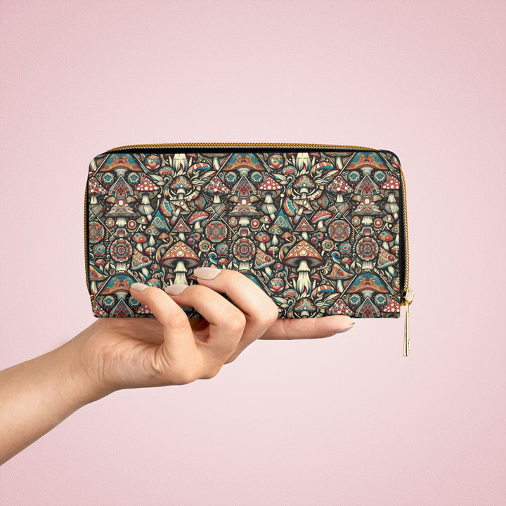 Side view of GEOMUSH wallet – visionary sacred mushroom and geometry pattern with gold stitching