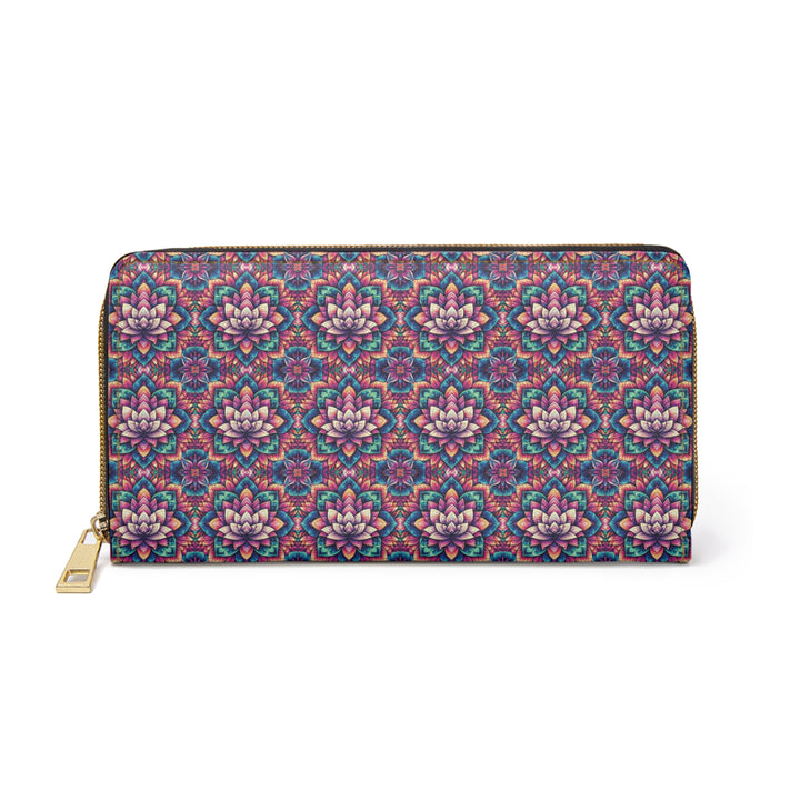 Flat-lay front view of IllusionLotus wallet – sacred lotus pattern in vibrant print