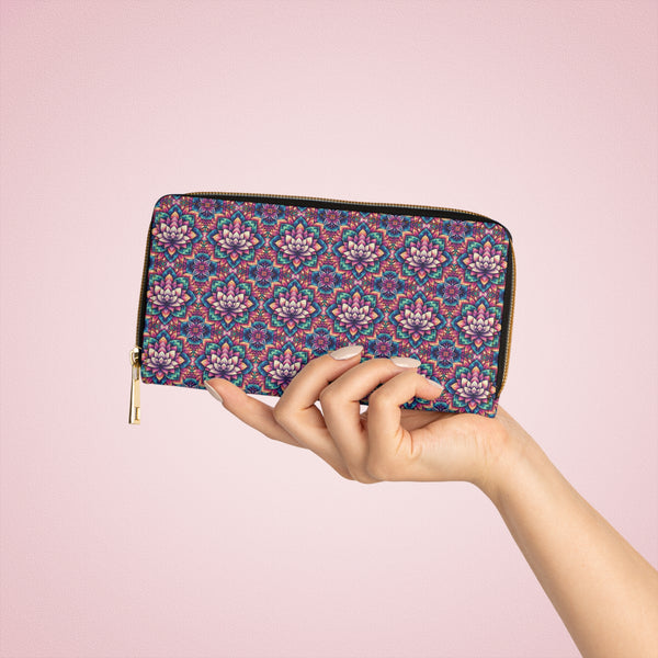 Psychedelic women’s wallet with illusion lotus design – front view held in hand
