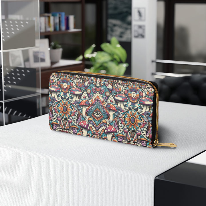 Visionary fashion wallet with psychedelic sacred geometry – MushTribe front on display