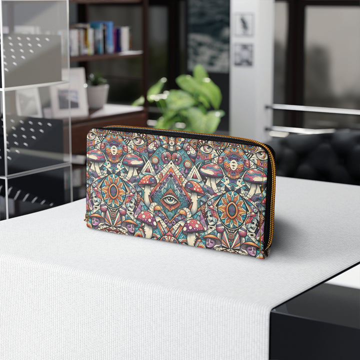 Festival-ready psychedelic wallet – MushTribe tribal print shown from side angle