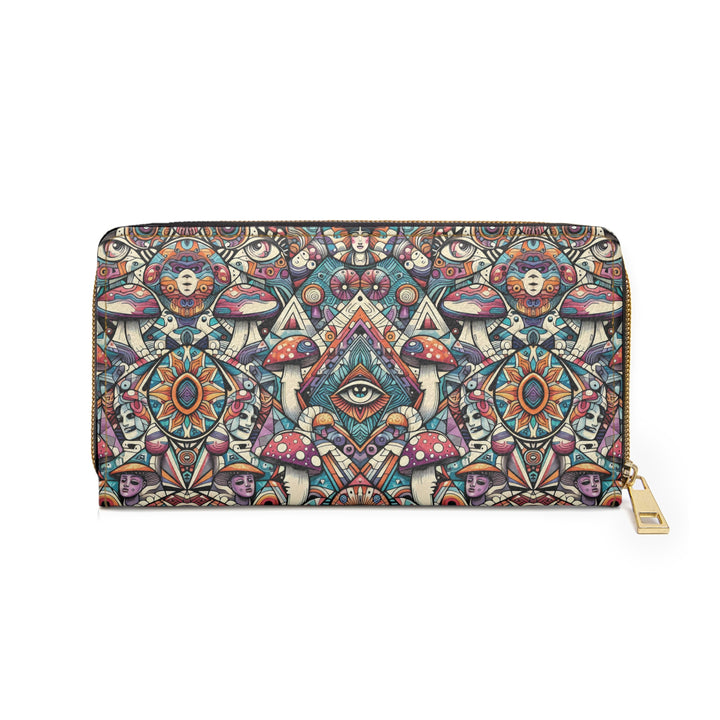 Flat-lay of MushTribe women’s wallet – trippy sacred geometry design in vivid colors