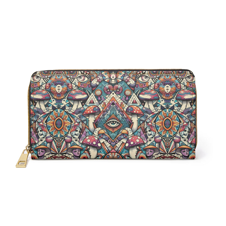 Back of psychedelic MushTribe wallet – visionary tribal artwork for rave and yoga fashion