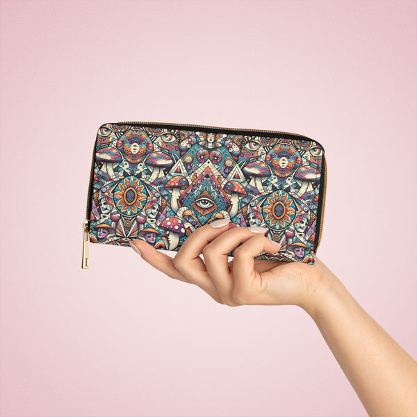 Psychedelic women’s wallet with sacred geometry print held in hand – MushTribe front view