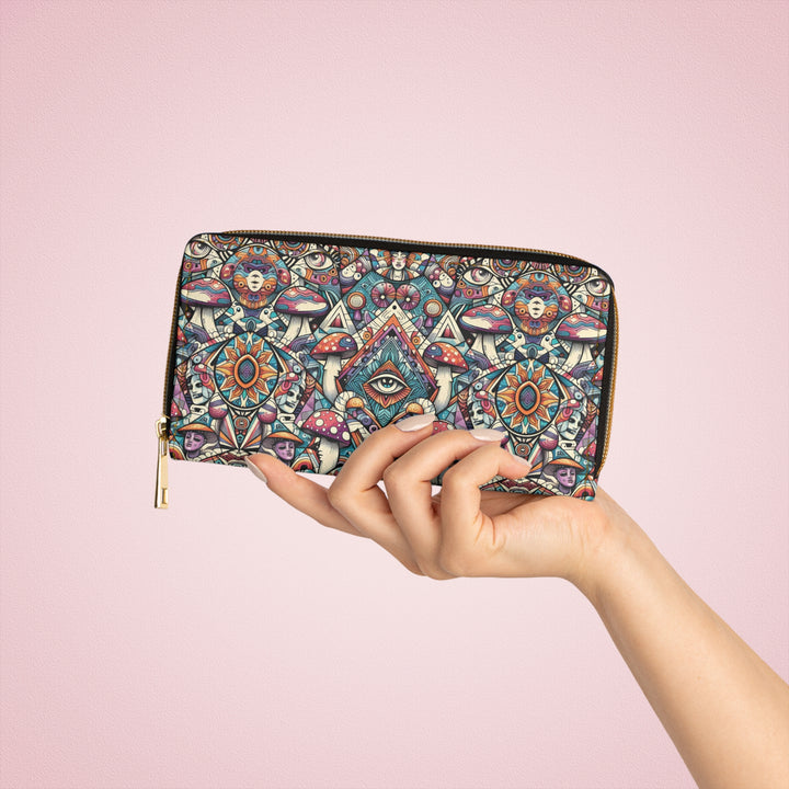 Psychedelic women’s wallet with sacred geometry print held in hand – MushTribe front view