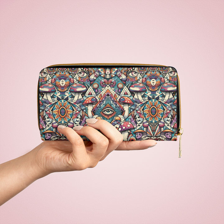 Tribal pattern psychedelic wallet for women – side angle in hand, perfect for rave outfits