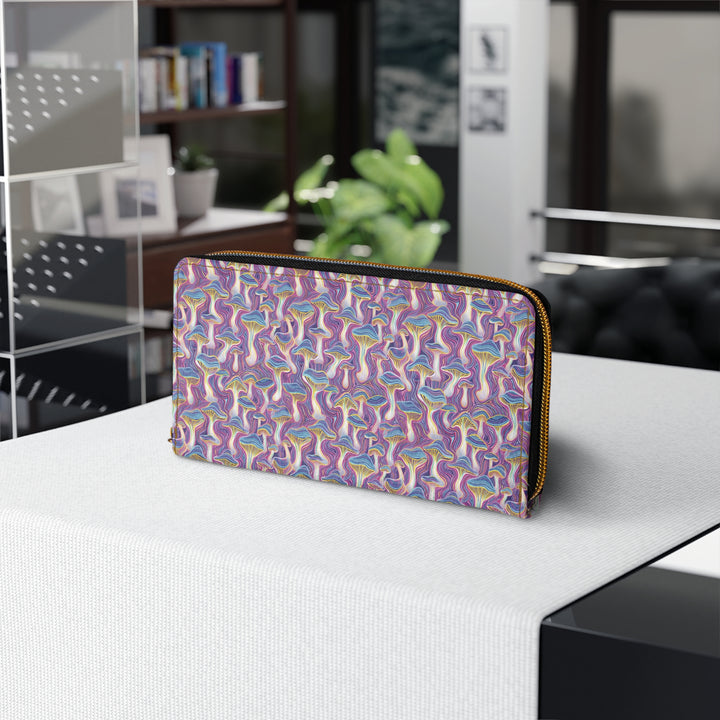 Front display of MUSHTRIP wallet – trippy mushroom sacred geometry design in vivid colors
