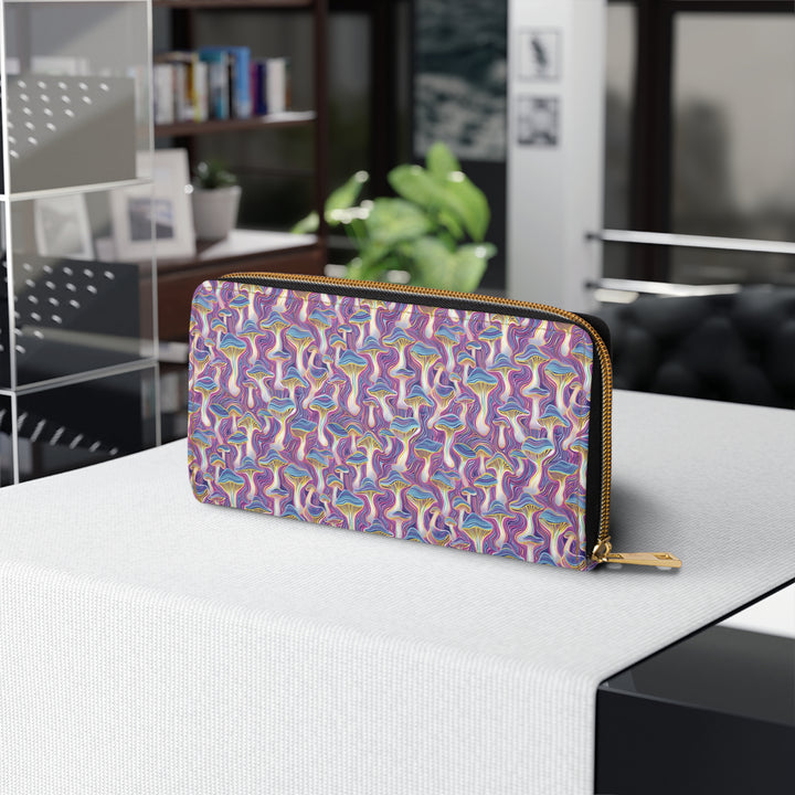 MUSHTRIP wallet side angle – visionary mushroom trip psychedelic art perfect for festival fashion