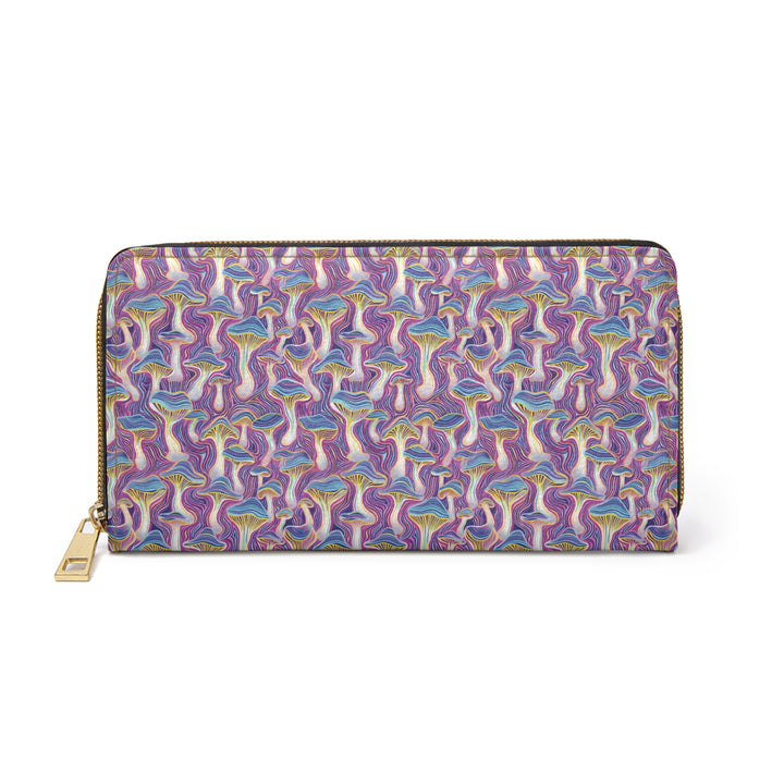 Back view of MUSHTRIP women’s wallet – psychedelic mushroom trip art with gold thread detailing and durable zipper