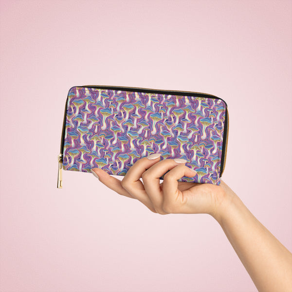 MUSHTRIP psychedelic women’s wallet – vibrant mushroom trip sacred geometry front view held in hand