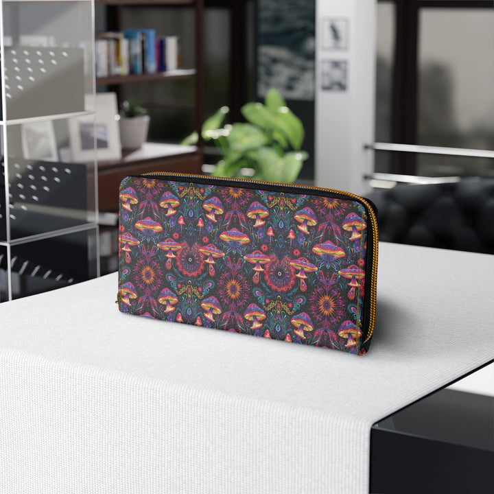 Front display of PSYMUSH wallet – trippy mushroom inspired sacred geometry design in vivid colors