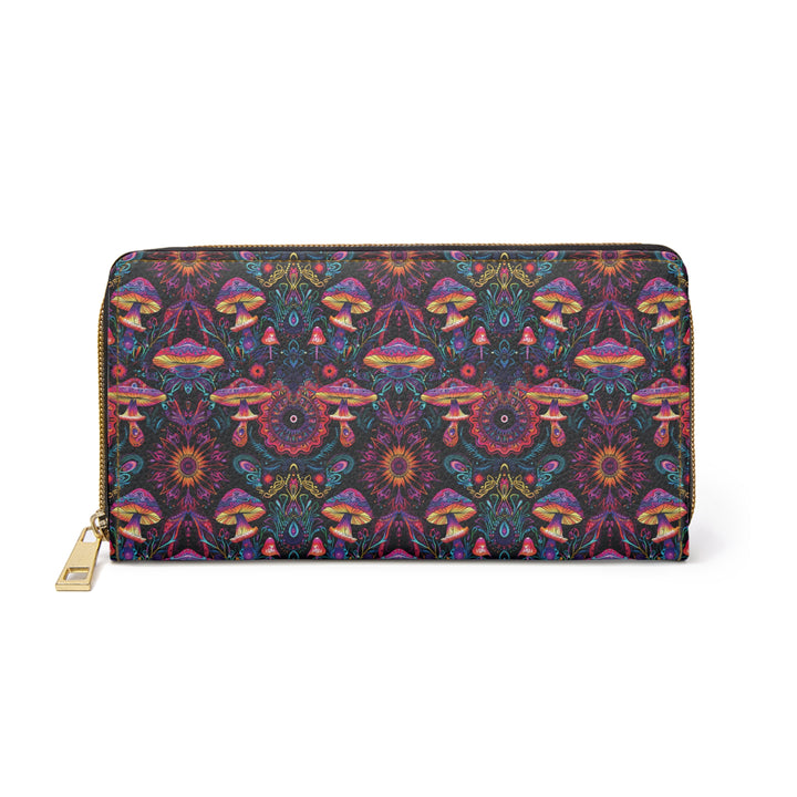 Flat-lay front of PSYMUSH psychedelic wallet – detailed mushroom sacred geometry pattern in crisp colors
