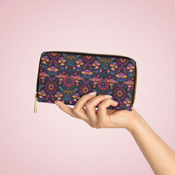 PSYMUSH psychedelic women’s wallet – vibrant mushroom sacred geometry front view held in hand