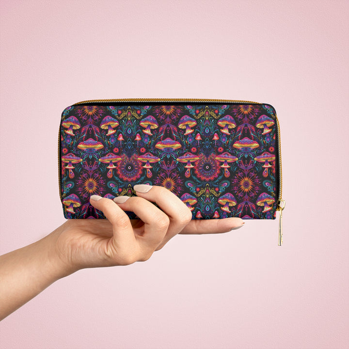 Side view of PSYMUSH wallet – bold psychedelic mushroom patterns with detailed gold stitching