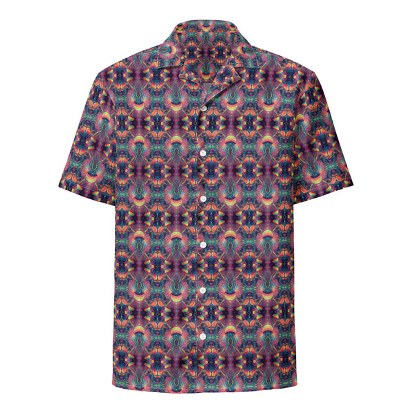 Front view of PSYJELLYFISH button down shirt – flowing jellyfish design with sacred psychedelic geometry.