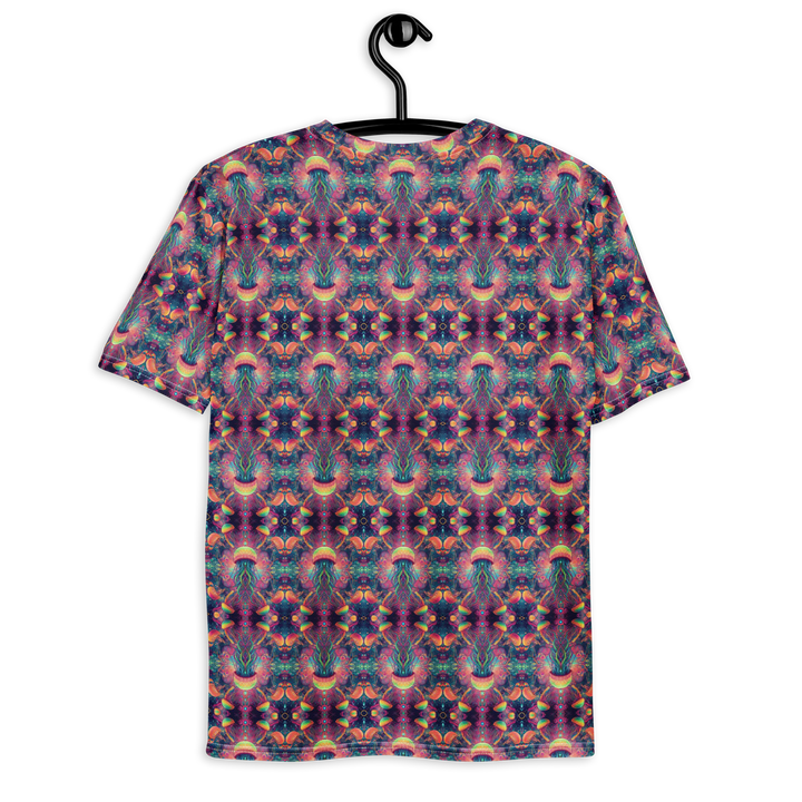 Back view of PSYJELLYFISH t-shirt hanging – visionary design with glowing jellyfish and trippy sacred geometry patterns.