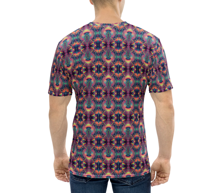 Back view of model in PSYJELLYFISH t-shirt – glowing jellyfish and geometric art for electronic music events and spiritual fashion lovers.
