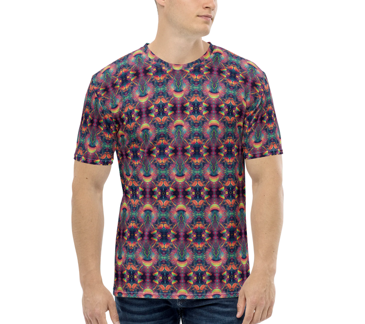 Model wearing PSYJELLYFISH shirt – all-over print featuring psychedelic jellyfish and sacred symbols for festivals and burners.