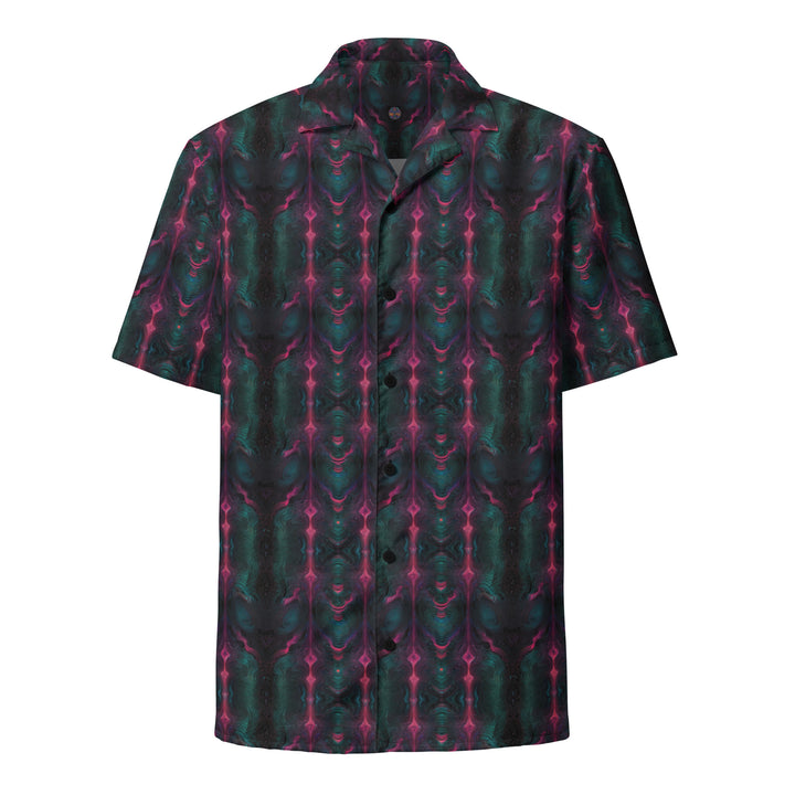 Front view of Psylien button down shirt – cosmic alien-inspired design with sacred psychedelic geometry.