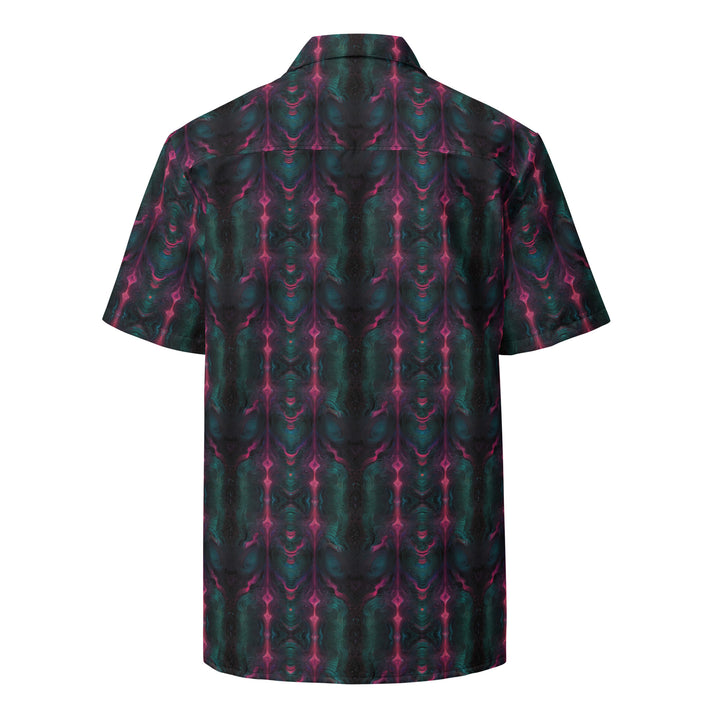 Back view of Psylien shirt – trippy alien landscape and visionary fractal art for cosmic fashion lovers.
