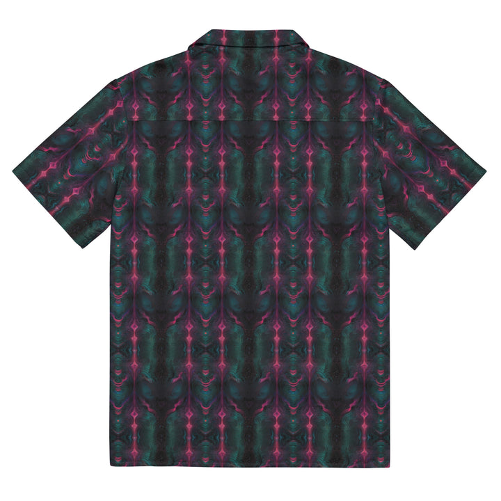 Flat back view of Psylien shirt – cosmic symmetry and alien codes for spiritual festival wear.