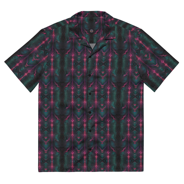Flat front view of Psylien shirt – galactic fusion of psychedelic geometry and alien symbolism.