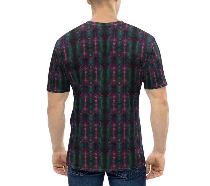 Model back view of Psylien sacred geometry t-shirt – visionary rave wear with extraterrestrial flair.