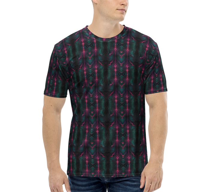 Model front view wearing Psylien t-shirt – psychedelic alien fusion design for psytrance lovers and festival goers.