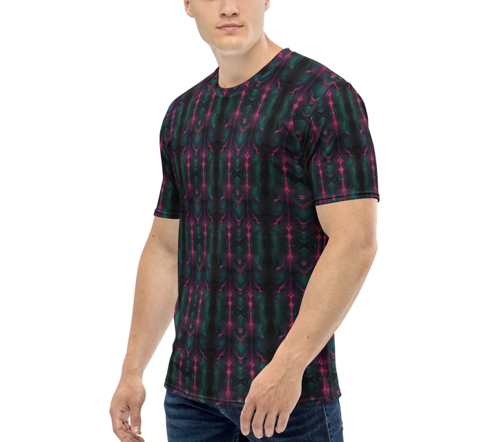 Left side angle of Psylien shirt – alien meets sacred geometry for a futuristic rave-ready look.