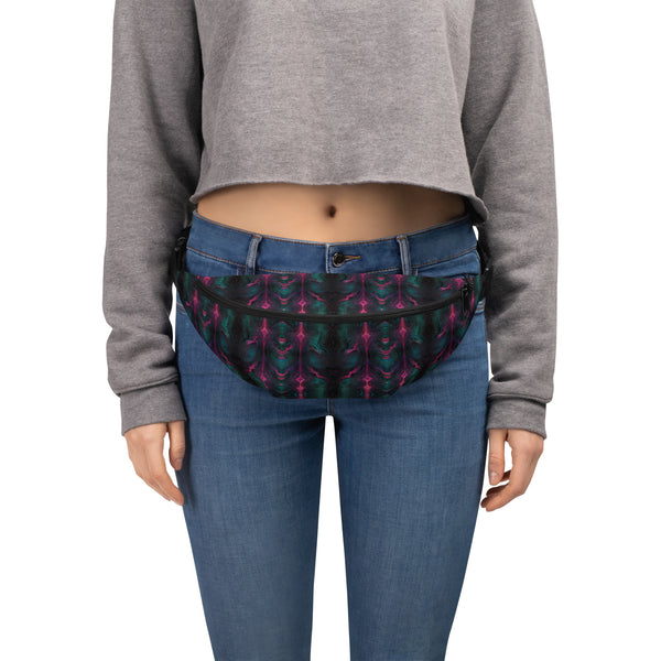 Model wearing Psylien waistbag – bold psychedelic accessory for festivals, raves, and everyday visionary style