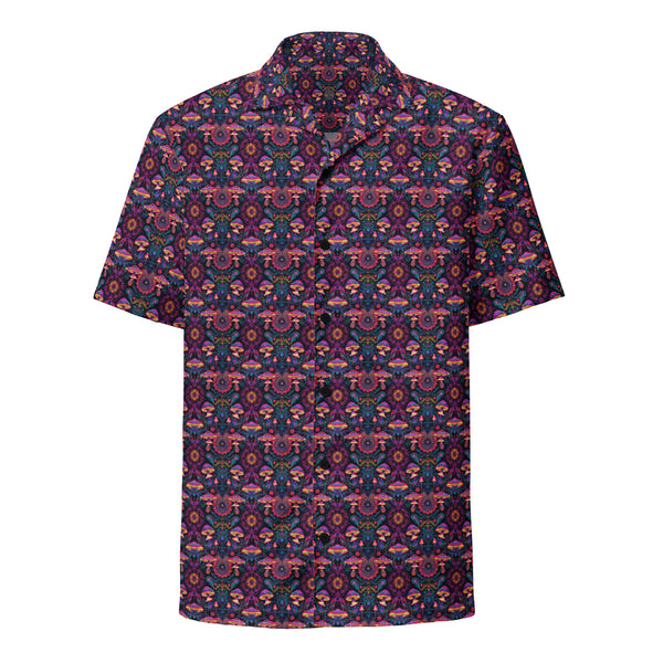  Front view of alternative PsyMush button down shirt – surreal mushroom dreamscape design with trippy festival energy.