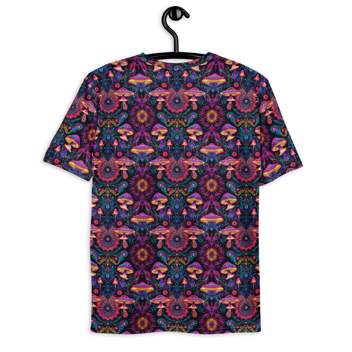 Hanging back of large-print PsyMush tee – psychedelic mushroom art for spiritual rave style.